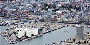Nordhavn med FN Byen på Marmormolen, Domus Portus og dele af Østerbro set fra luften.