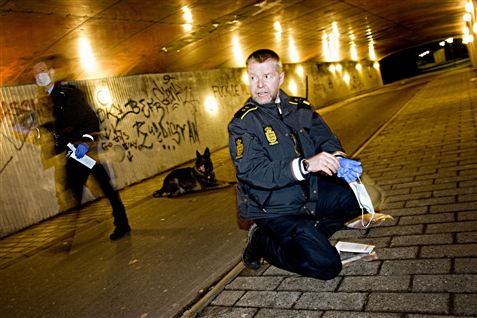 Ved et af nattens indbrud snuser politihunden Buster sig frem til et par servietter med blod på, som tyven har smidt i en tunnel i området ved huset. Ulrik (tv.) og Otto (th.) indsamler beviserne.  <b>Foto: Thomas Arnbo</b>