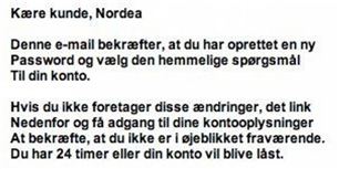 Det er ikke første gang, der er røget en falsk Nordea mail i omløb. Sidste gang så den således ud.