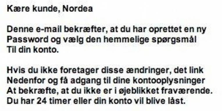 Det er ikke første gang, der er røget en falsk Nordea mail i omløb. Sidste gang så den således ud.
