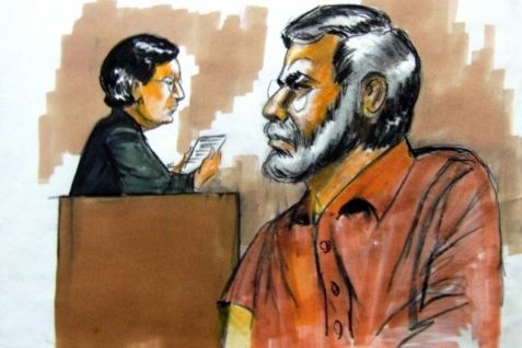 Tegningen viser Tahawwur Hussain Rana, der sammen med David Headley er anklaget for at planlægge terror mod Danmark.