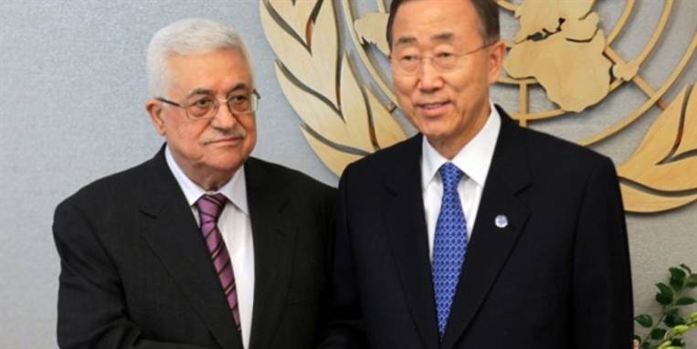 Mahmoud Abbas og FN&amp;#039;s generalsekretær, Ban Ki-moon, i forbindelse med mødet, hvor Abbas har meddelt, at han fredag søger optagelse i FN.