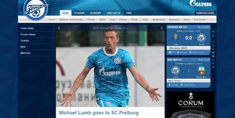 Her et billede af Michael Lumb i Zenit-trøjen. Den har han ikke båret mange gange, så nu bliver han igen sendt på lån, skriver klubben her på sin hjemmeside.