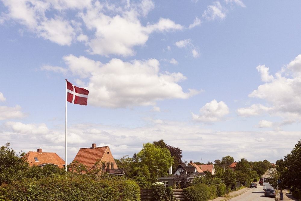 En villavej med et hejst flag.
