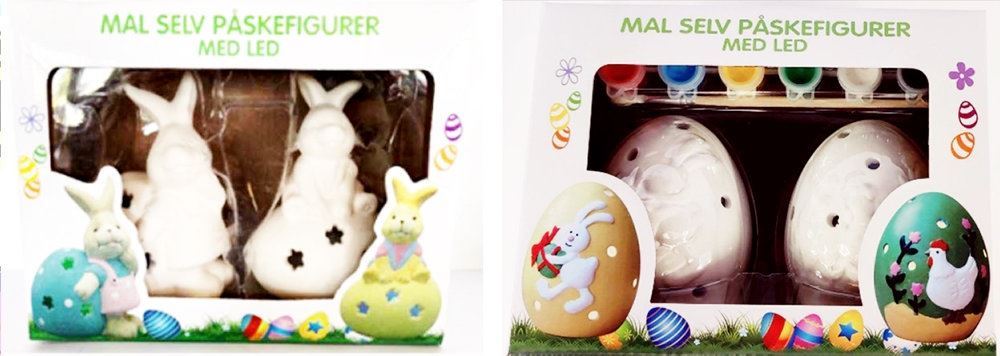 To forskellige typer af påske figurer i deres indpakning.