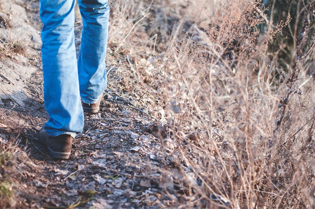 En mand går på en sti kun hans fødder ses bagfra.