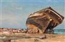 Et maleri af et stort skib på en strand
