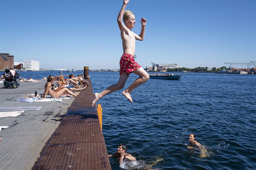 Dreng med røde badeshorts springer i havnen.
