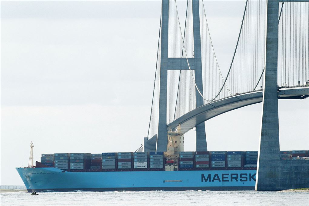 Et containerskib fra Mærsk sejler under Storebæltbroen
