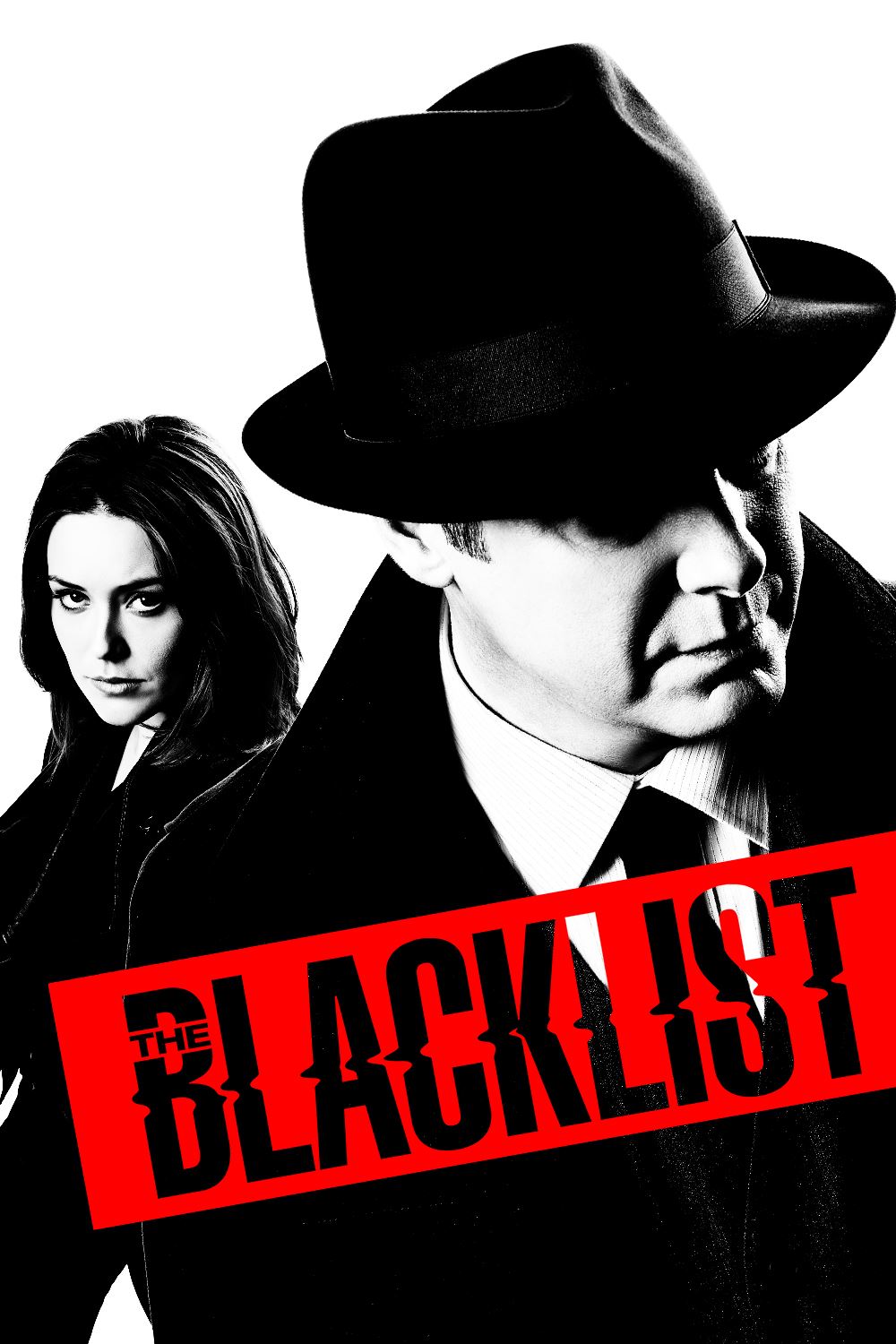 Foto fra The Blacklist den mandlige hovedrolle står i forgrunden med en hat på sned bag ham ses den kvindelige hovedrolle.
