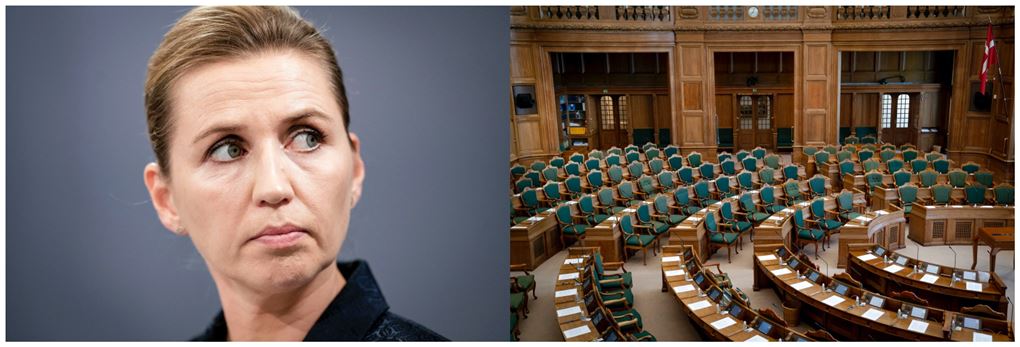 Mette Frederiksen og en tom Folketingssal