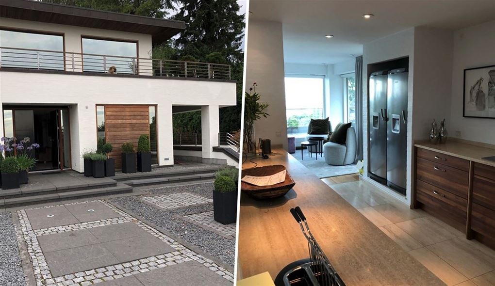 To sammensatte billeder af sommerhuset. Et udefra; huset er hvidt med store vinduer og en snorlige indkørsel. Indefra køkkenet; man kan se der strømmer fint lys ind igennem huset, der er dyrt indrettet.