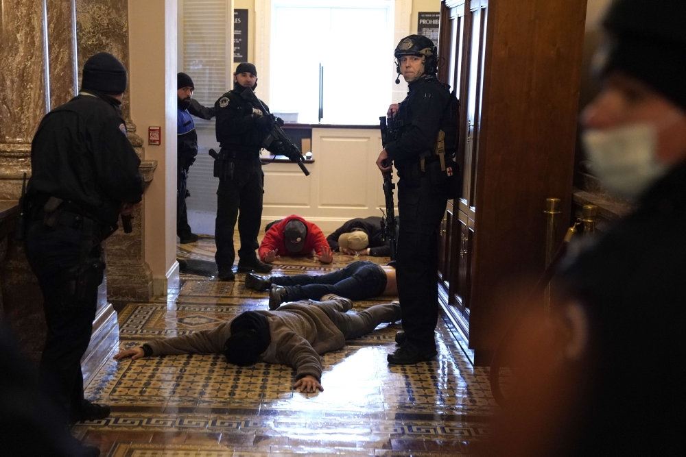 politi tilbageholder demonstranter inde i den amerikanske kongres 