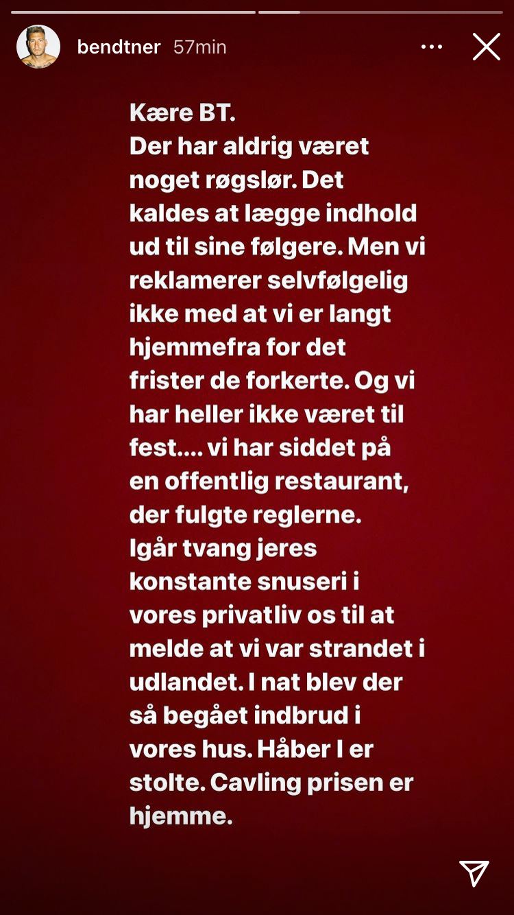Screendump af Bendtners skriv på instagram. 