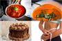 Fire billeder af hhv. en suppe, kødboller, en kage og en kvinde, som måler sin talje