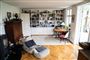En stue med sofa, to stole, bord, plante og en smart lampe henover bordet