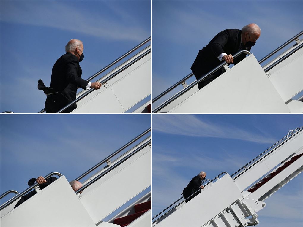 Collage af Biden på vej ombord på fly