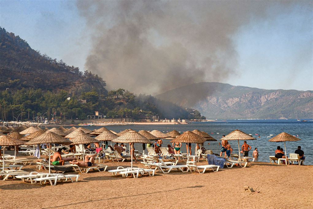 brand i bjerge med strand i forgrunden 