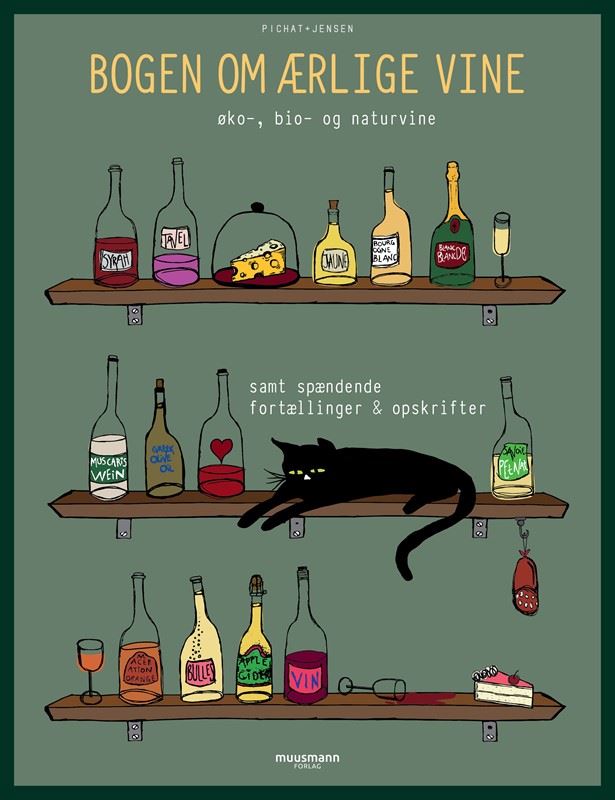 En tegnet kat på en hylde med vin.