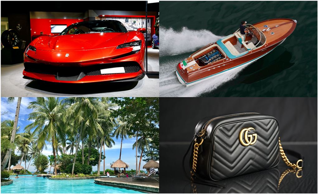 En sportsvogn, en speedbåd, en pool og en Guccitaske