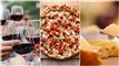 sammenkopieret billede med vin, pizza og et stykke brød med ost
