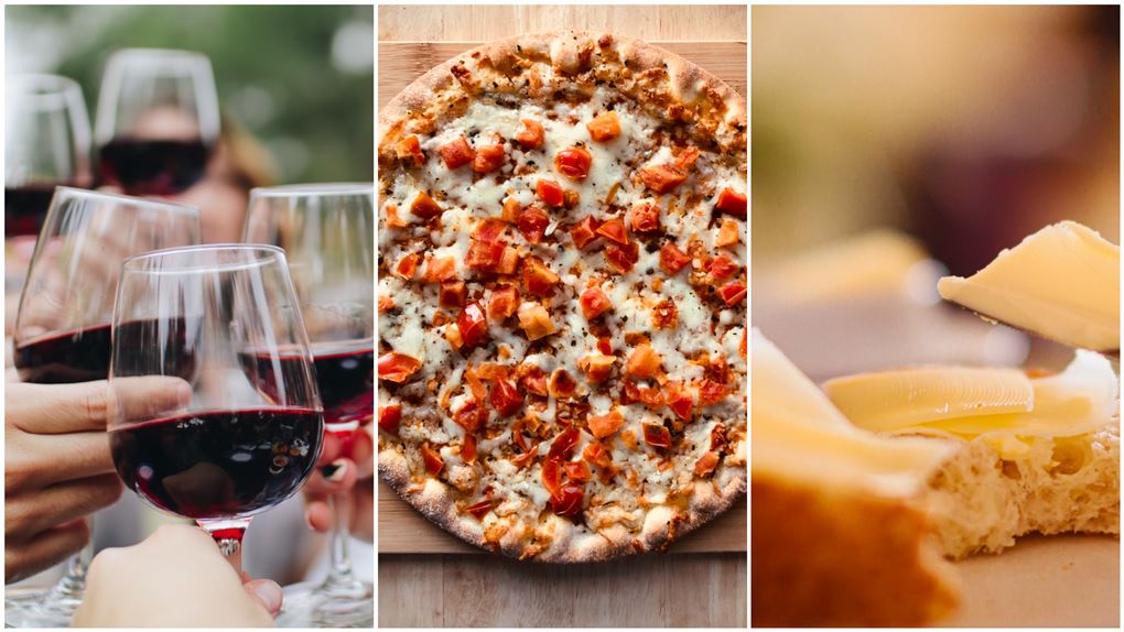 sammenkopieret billede med vin, pizza og et stykke brød med ost