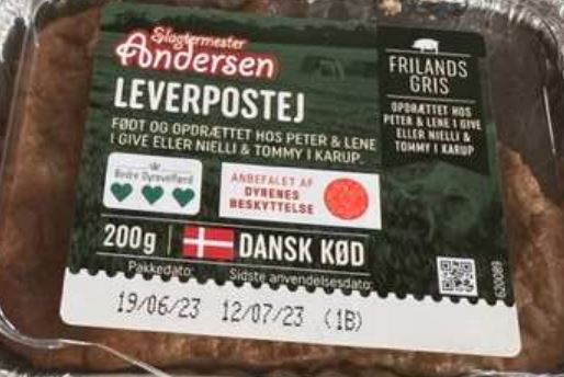 En af de pakker leverpostej, som indeholder blåt plastik