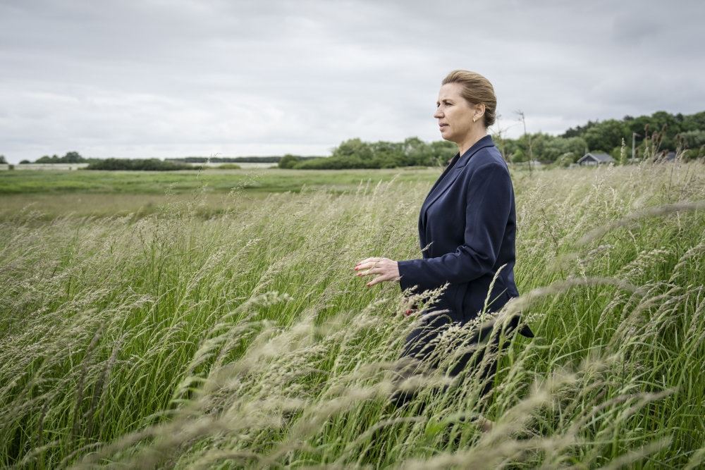 Mette Frederiksen på en eng