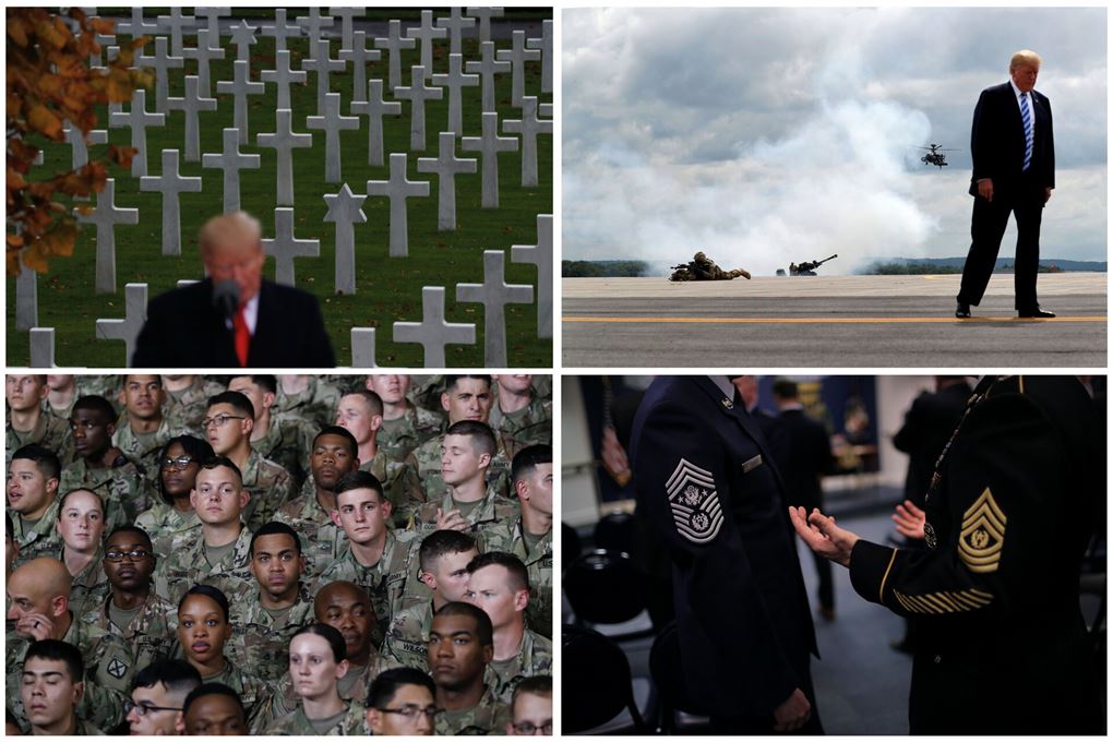 En collage med Trump og militær