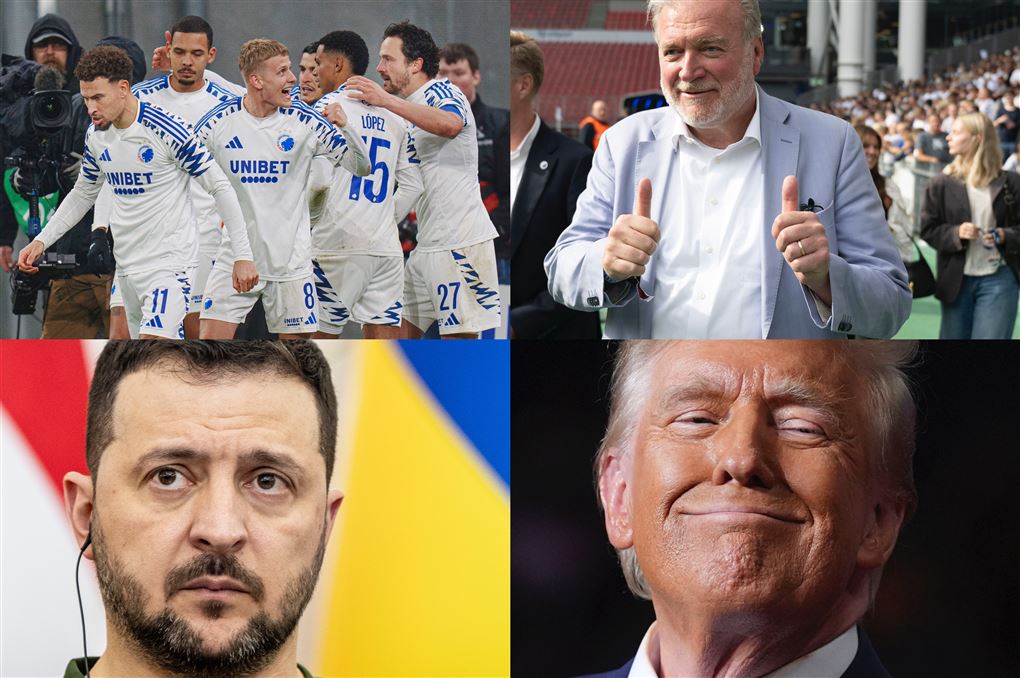 en collage med FCK, Seier, Trump og Zelinsky