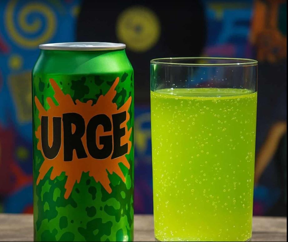 En grøn dåse og et glas fyldt med gul/grøn boblevand