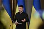 billede af den ukrainske præsident, Volodymyr Zelenskyj,på en talerstol