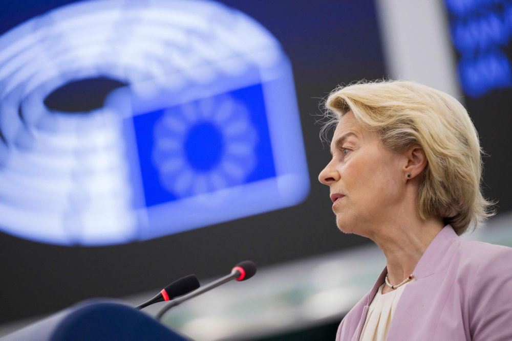 Ursula von der Leyen med flag i baggrunden